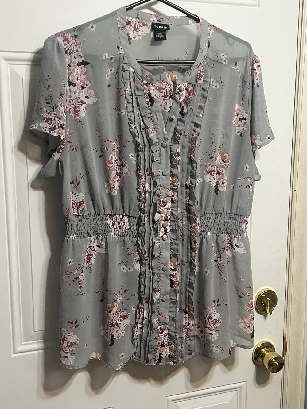torrid Light Gray Floral Ruffle-Trim Button Blouse